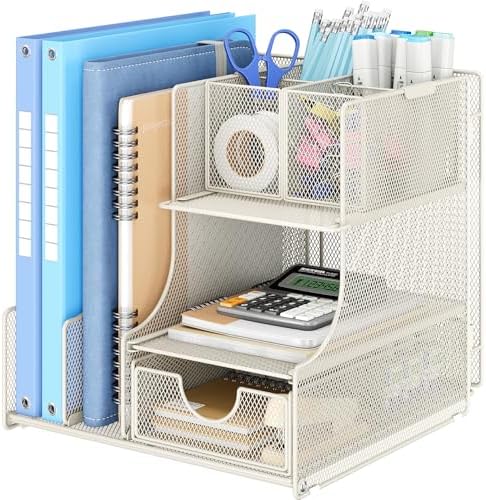 Lavatino Desk Organizer – 4-in-1 White Mesh Office Supplies Organizer with Pen Holder, File Holder, Desktop Tray, and Drawer for Home, Office, Classroom