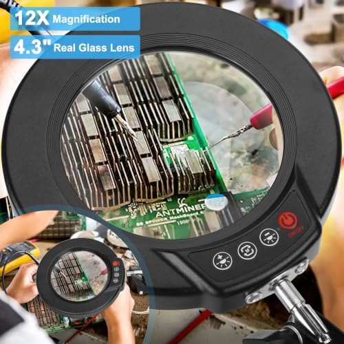 Coyeth 12X Magnifying Glass with Light and Stand, 5 Color Modes Stepless Dimmable 2-in-1 Lighted Magnifier with Clamp, LED Desk Lamp Hands Free for Crafts Hobby Reading Painting Sewing Close Work