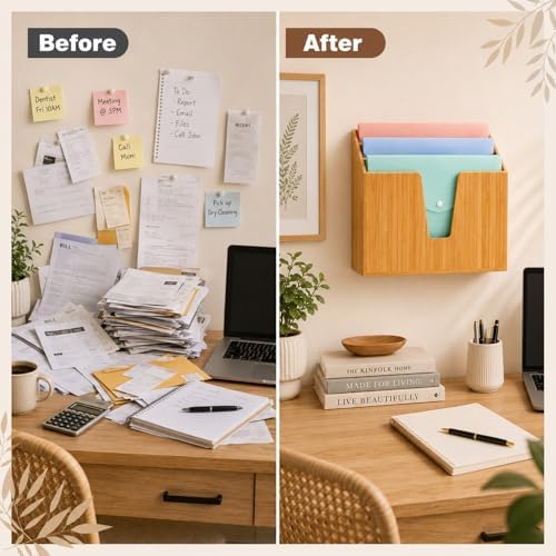 Suzile Bamboo Wall Mounted File Folder Holder Organizer, 3-tier Vertical File Organizer Wooden Sorter Rack for Office, Home, Desktop, Desk Letter Mail Document Storage, 13" x 4.5" x 11.5"