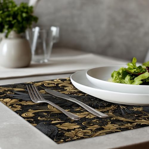 Damascus Raven Gold Placemats, Gold Black Baroque Raven Pattern Place Mats for Dining/Kitchen Table Waterproof Washable Linen Heat Insulation Dinner Table Mats 12x18 in 4 PCS