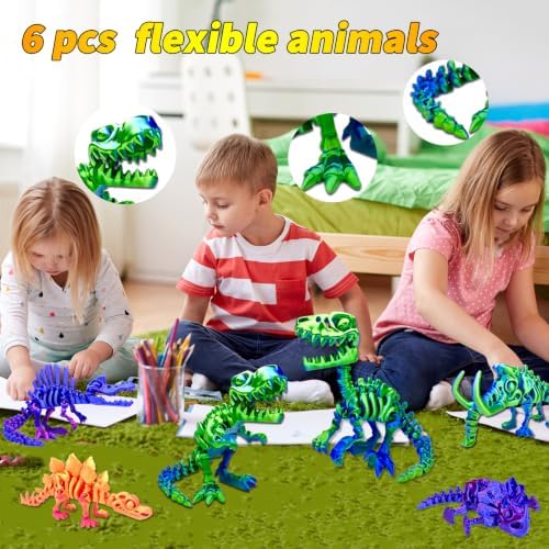6pcs 3D Printed Dinosaur Skeletons, Flexible，Articulated T-Rex Fidget Toys,Large，3D Printed Animals,Desk Executive Toy，Easter Eggs Basket Stuffers,Toys for Boys Kids Teen Girl 5-7 4-6 8-12