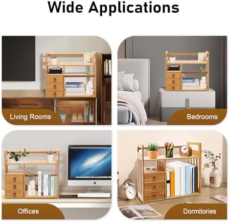 Bamboo Desktop Bookshelf, Desktop Bookshelf Organizer with 3 Drawers Desk Shelf Desktop Hutch Desk Bookshelf Desk Organizer Shelf Cute Small Desk Display Cubby Top for Home Office Bedroom