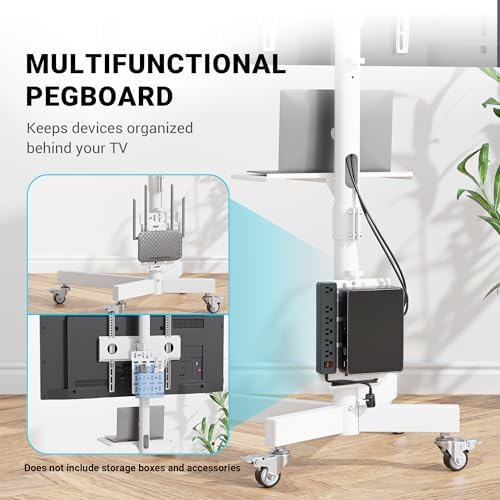 BONTEC Rolling TV Stand with Pegboard Storage for 32–65 Inch TVs, White