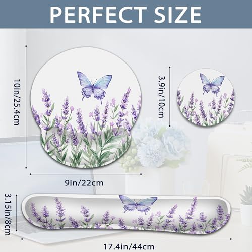 Lavender Butterfly Wrist Rest Mouse Pad and Keyboard Support Set,Purple 3 in 1 Ergonomic Memory Foam Mousepad with Non Slip Base, Gaming Mouse Pad for Office and Home