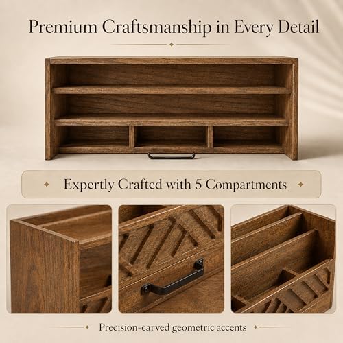 BLU MONACO | Wooden Mail Organizer with Drawer and Compartments | Mail Sorter Organizer Countertop for Desk Entryway | Outgoing Mail Holder Wood Desktop File Storage