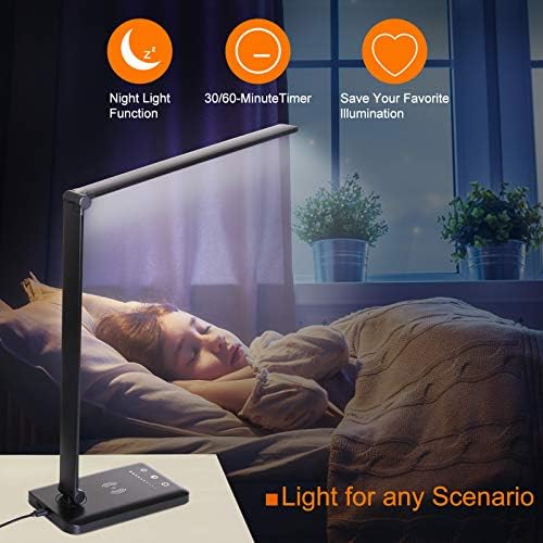LED Desk Lamp with Wireless Charger,Eye-Caring Table Lamps,Stepless Dimmable Office Lamp with USB Charging Port,Touch/Memory/Timer Function,25 Brightness Lighting,Foldable Lamp