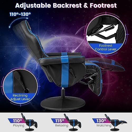 Goplus Gaming Chair, Height Adjustable Massage Video Game Chair with Retractable Footrest, Cup Holder, Headrest, Swivel Office Chair, Racing Style Swivel Gamer Chair (Blue)