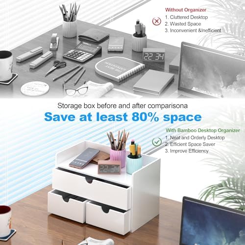Bamboo Desk Organizer with Drawers Desktop Storage Drawers for Bills Office Supplies Kitchen Utensils Organizing Tool for Home Classroom Organization No Assembly (White with Shelf)