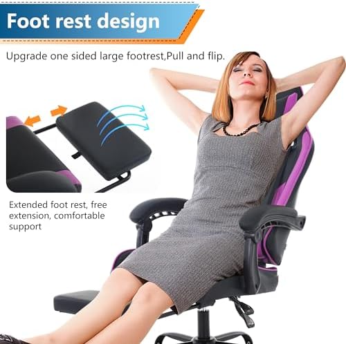 PayLessHere Ergonomic Racing Desk Chair Computer Chair Gaming Chair with Footrest Lumbar Support Headrest Armrest Task Rolling Swivel Ergonomic E-Sports Adjustable PC Gamer Chair (Purple)