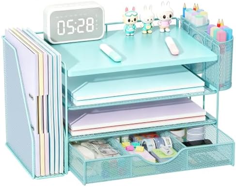 gianotter Desk Organizers and Accessories with File Holder, 4-Tier Desk Accessories & Workspace Organizers with Drawer and 2 Pen Holder, Desk Reference Organizer (Blue, 4T with Metal Drawer)