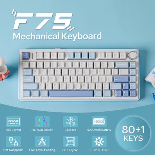 EPOMAKER x Aula F75 Gasket Mechanical Keyboard, 75% Wireless Hot Swappable Gaming Keyboard with Five-Layer Padding&Knob, BT/2.4GHz/USB-C, RGB (Sea Salt Blue, LEOBOG Reaper Switch)