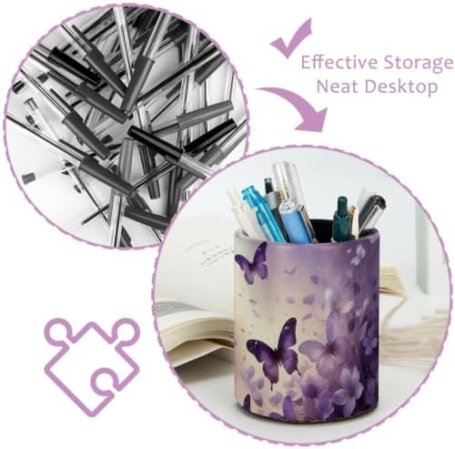 Leather Pen Holder for Desk, Butterfly Floral Pencil Cup Pen Organizer Makeup Brush Holder for Office Home Kids Countertop Desk Accessory Storage