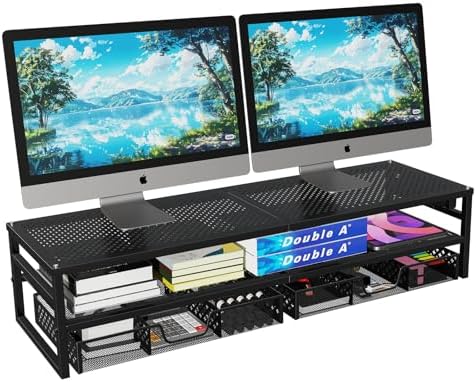 Simple Trending 2-Tier Metal Dual Monitor Stand with USB & 2 Drawers, Black