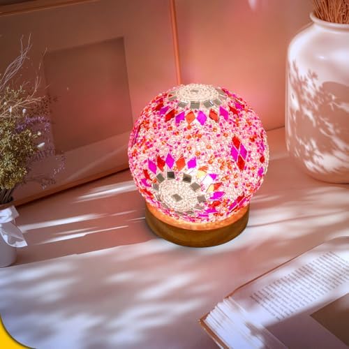 Turkish Mosaic Lamp, 3 Color Temperature Tiffany Bedside Lamp with USB Power, Moroccan Glass Lantern Table Lamp for Living Room Decor, Simple Control (D:4.7" x H:5.2") (Red1)
