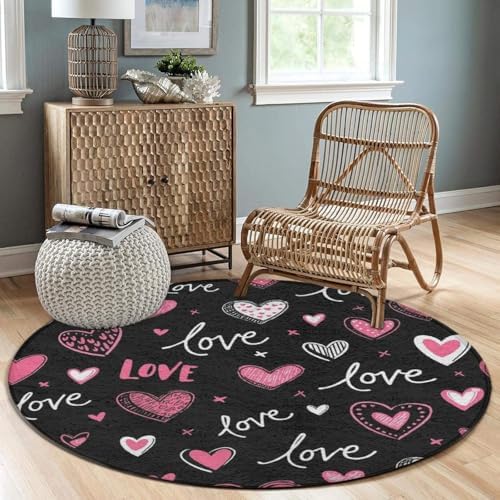 Large Machine Washable Circular Rugs, Home Decor Round Mat for Living Room Sofa Office Pink Heart Cute Love