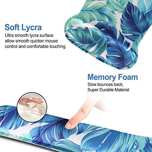 Keyboard Wrist Rest Pad Ergonomic Mouse Pad Set, ToLuLu Mouse Pad for Computer Laptop, Non Slip Mousepad Keyboard Wrist Support with Raised Memory Foam for Easy Typing Pain Relief, Tropical Leaf