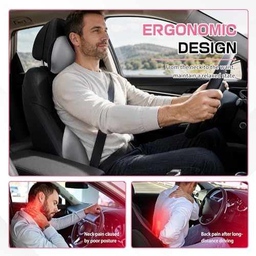 2PCS Car Neck Pillow and Lumbar Support Pillow Set, Ergonomic Memory Foam Back & Neck Support Pillows for Car Seat, Office Chair, Driver Head & Back Cushion and Pain Relief (Gray)