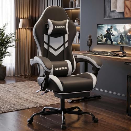 Gaming Chair with Footrest & Massage Lumbar Support, PU Leather Ergonomic High Back Swivel Height Adjustable Chair for Adults, Office Gaming, 300 lbs (Black White)