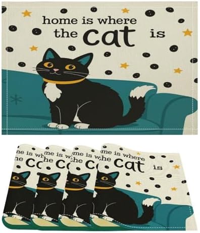 Home is Where The Cat is Linen Placemats Set of 4PCS, Heat Resistant Non-Slip Washable Table Placemats for Dining Everyday Use Hotel Banquet Home Decor