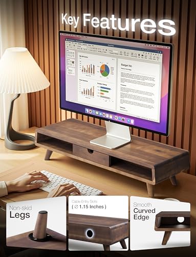 Tinamo Wood Monitor Stand with Drawer & Storage, Walnut Color (Patented)