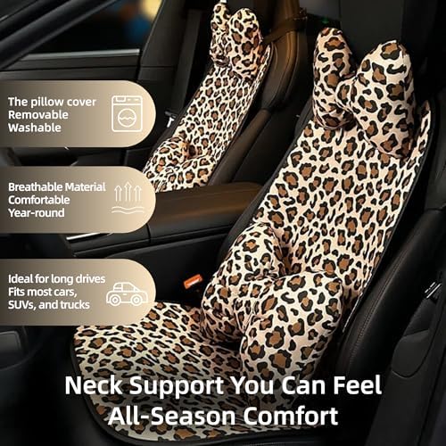 2PCS Chic Car Headrests with Bow-Shaped Cotton Linen Bowknot Neck Pillows for Cozy Road Trip & Cute Interior Decoration (Leopard)
