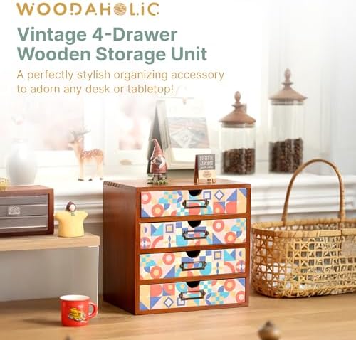 Add Color To Your Desk - MCM Geometric Wooden Desk Organizer - Desktop Storage with 4-Drawer - Wood Cabinet for Office Supplies, Craft Tools, & Home, Countertop, Tabletop Organization