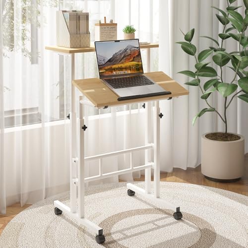 VECELO Small Mobile Standing Desk 24 Inch, Adjustable Height Portable Stand Up Desk with Wheels Computer Workstations, Rolling Laptop Cart, Oak