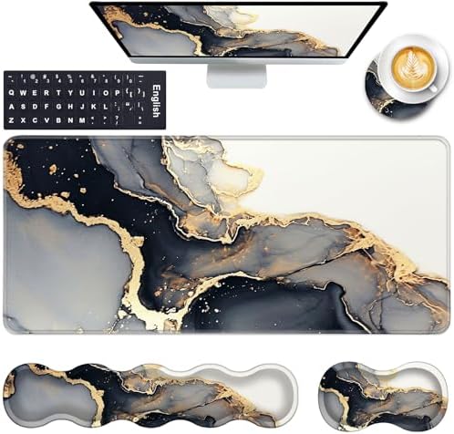 Keyboard Wrist Rest and Mouse Pad with Wrist Support Set Ergonomic Coaster,Memory Foam,Easy Typing Pain Relief,Large XL Desk Mat 31.5"x 11.8",Black Gold Marble