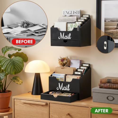 Rustic Wood Mail Organizer Countertop with Drawer, 4-Slot Removable Divider Mail Sorter, Black Desktop Mail Holder, Multi-Functional Bill File Stationary Organizer for Home Office Classroom