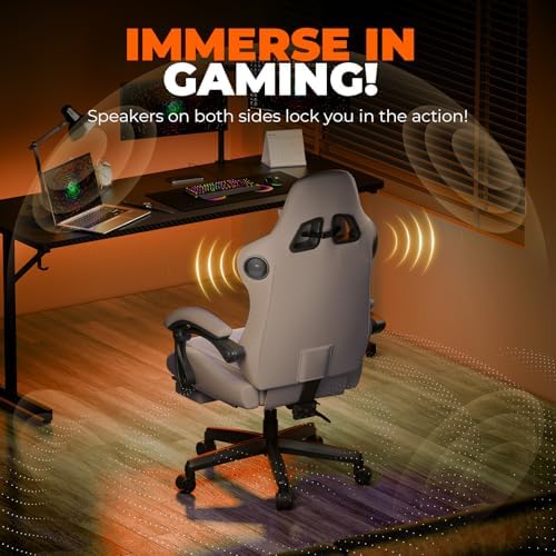 GTPLAYER ACE-PRO Music Gaming Chairs – Built-in Speakers, App Support & Bluetooth Control, Computer Game Chairs with Footrest for Adults, Ergonomic Reclining Silla, Linkage Armrest, Cream