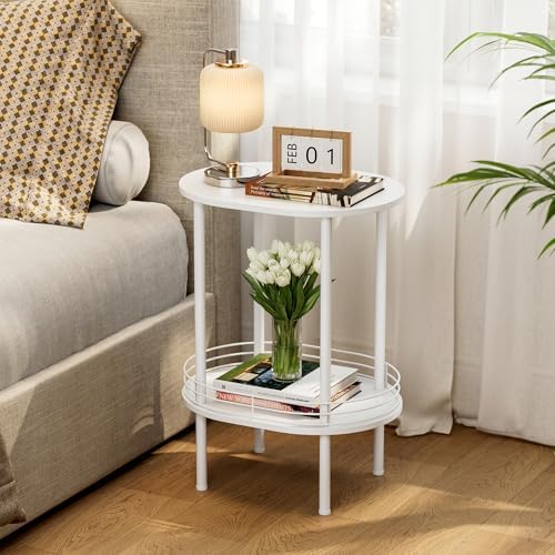 Small Oval Side Table with Storage, 2-Tier White End Table for Small Space
