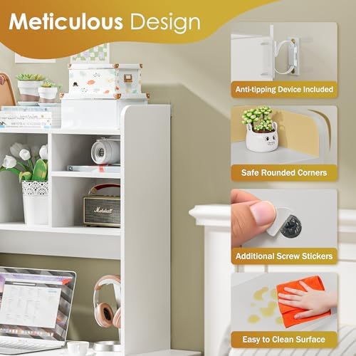 SUPER DEAL Desktop Bookshelf, Countertop Storage Hutch with 4 Shelves for Computer Desk, 2-Tier Display Rack, Multipurpose Wood Desk Hutch Storage Organizer for Home Office Dorm, White