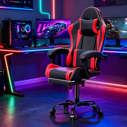Magshion Gaming Chair for Adults, Ergonomic Computer Chair with Linkage Armrests, Height Adjustable Gamer Chair with Footrest and Headrest for Home Office, 350 Lbs Capacity, Red