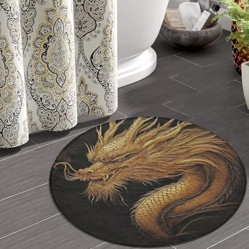 Home Decor Non Slip Kitchen Office Circle Rug, Machine Washable Modern Round Area Rug, Room Sofa Yoga Soft Round Carpet Cool Dragon Black Drak Night, 60inch