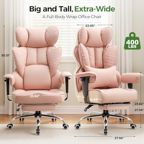 GTPOFFICE Big and Tall Office Chair 400LBS Wide Seat Computer Gaming Chair with Footrest & Comfy Lumbar Support, Leather High Back Executive Chair with Ergonomic Pressure Relief Seat Cushion, Pink