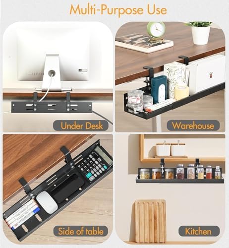 No Drill Under Desk Cable Management Tray, 17”-30” Retractable Cord Organizer for Table, Clamp Mount Wire Basket, Power Strip Holder & Metal Cord Organizer for Office, Home，Black