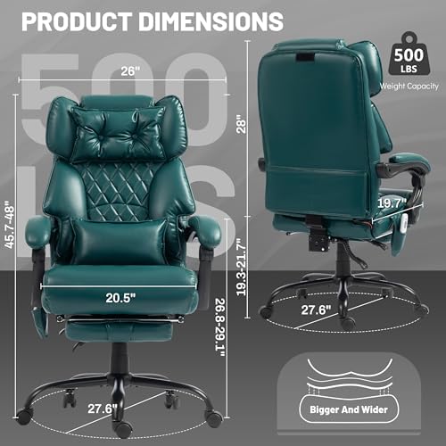 Massage Office Chair with Foot Rest,6 Points Vibration&Heat Executive Office Chairs,Big and Tall Office Chair 500LBS,Ergonomic Desk Chair for Heavy People,Home and Office Computer Chair,Green PU