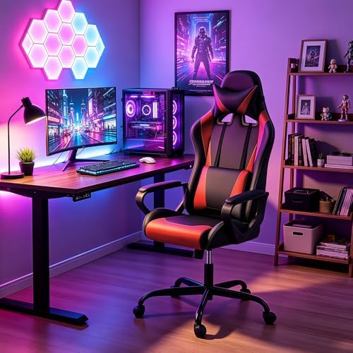 FDW Gaming Chair PU Leather Computer Chair Executive Headrest Lumbar Support Ergonomic Racing Desk Chair with Armrests 360° Swivel & Caster Five Star Metal Base for Office or Gaming