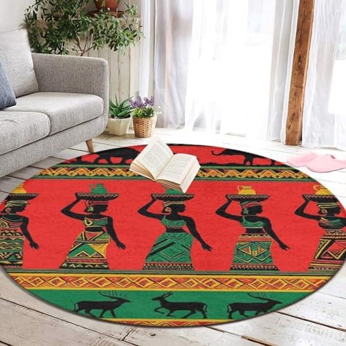Highly Premium Quality Floor Mat, Office Chair Decor Mat, Room Sofa Yoga Soft Round Carpet Ethnic Tribal African Black Women Deer Elephants Art, 60inch