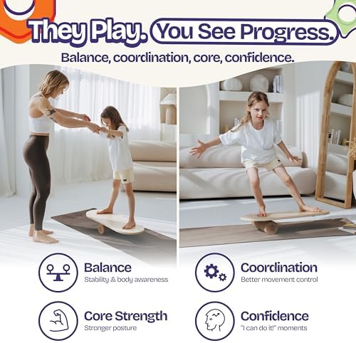 ComfyBumpy Balance Board for Kids with Cork Roller, 30" x 12" Wooden Balance Board, 4 Adjustable Levels, 400 lb Capacity, Progressive Balance Trainer for Kids, Parents & Family Play