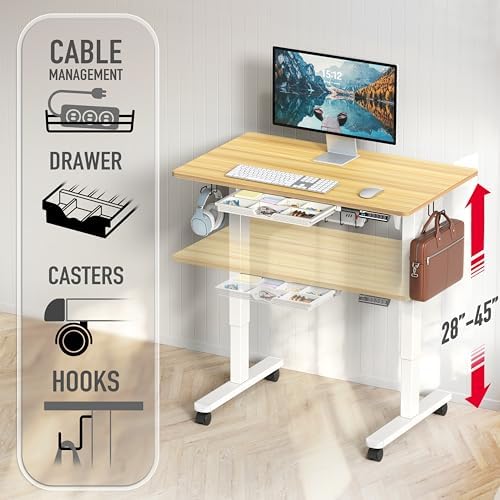 SHW Mobile Electric Height Adjustable Standing Desk w/Drawer, Walnut