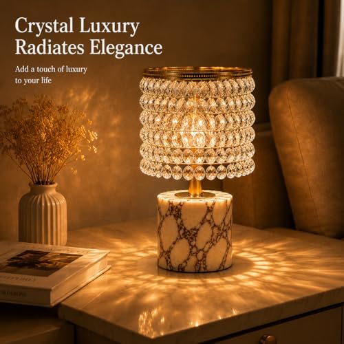 Morlok Marble Lamp with Natural Calacatta Viola Marble Base, K9 Crystal Shade & Gold Metal Frame, 4000mAh Rechargeable Lamp, 12–48H Battery Life, 3-Level Dimming 3000K Warm LED Home Decor Gift
