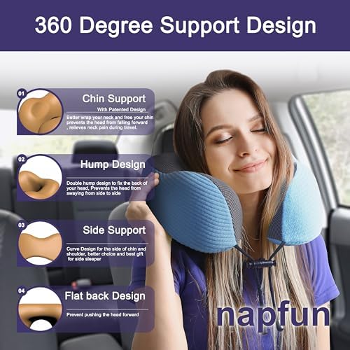 napfun Neck Pillow for Travel, Memory Foam Airplane Pillow, Sky Blue