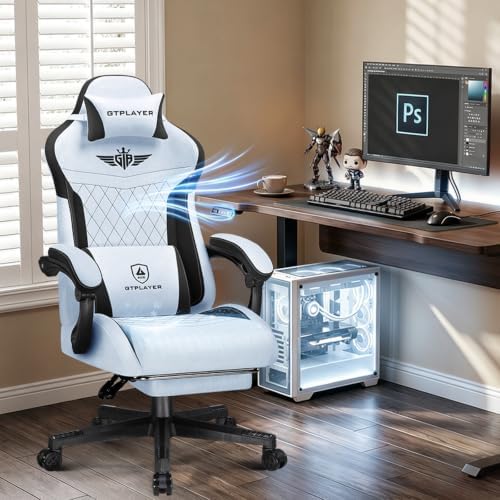 GTPLAYER Gaming Chair with Footrest, Ergonomic Office Chair 400lbs Heavy Duty, Big and Tall Computer Desk Chair with Lumbar Support and Headrest, Breathable Plush Fabric, 90-155° Recline Light Blue