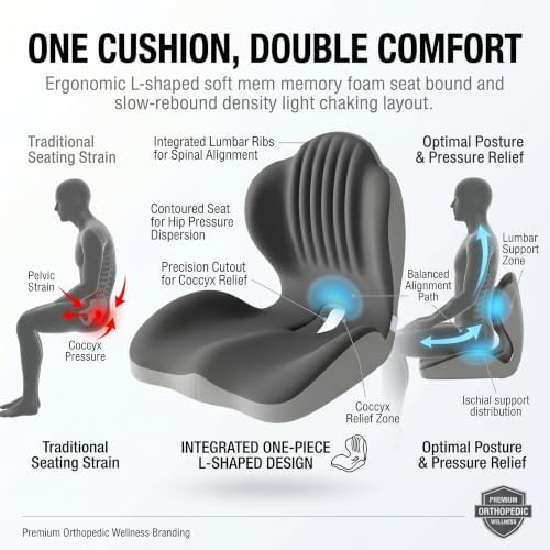 L-Shaped Memory Foam Seat Cushion with Lumbar Support, Integrated Ergonomic Back Pillow for Office Chair and Car Seat, Sciatica and Tailbone Pain Relief, Non-Slip Bottom, Universal Fit (Gray)