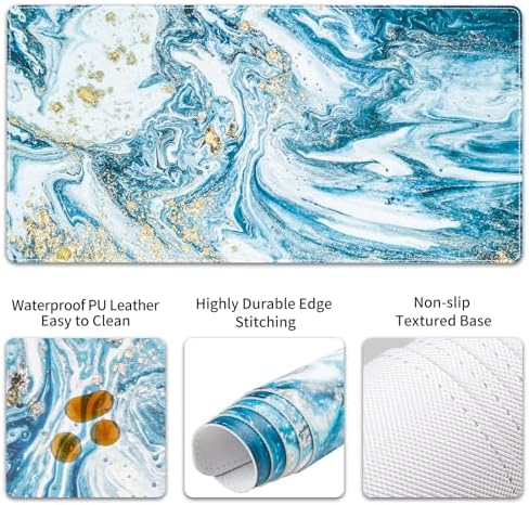 QIYI PU Leather Desk Mat Set, 4-in-1 Ergonomic Wrist Rest, Blue Marble
