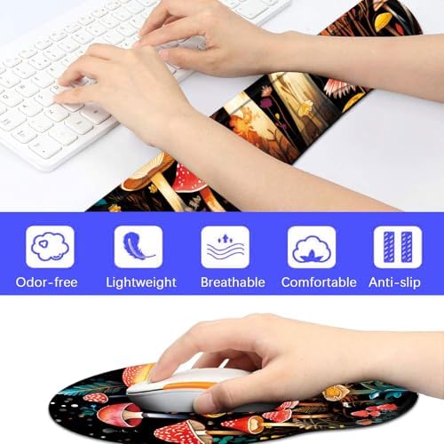 Keyboard Wrist Rest and Mouse Pad Wrist Support Set with Coaster,Comfortable for Easy Typing,Pain Relief,Memory Foam Keyboard Pad Set for Laptop Mac,Cute Mushrooms