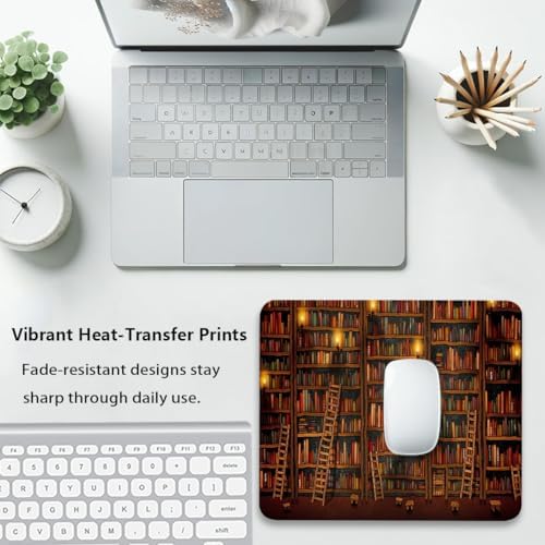 Retro Old Bookshelf Mouse Pad, Vintage Fantasy Grand Library Desk Mat
