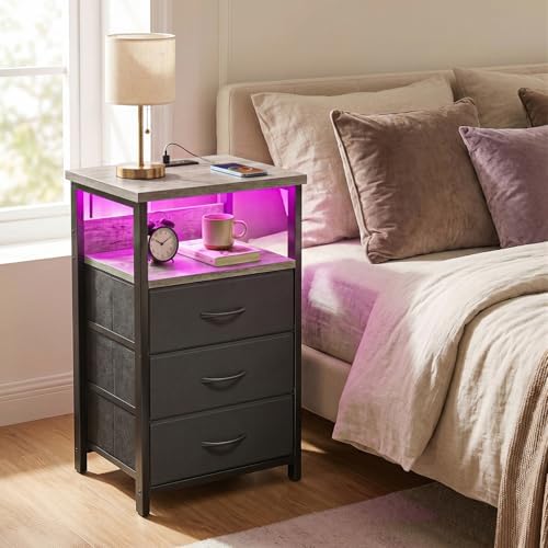 Fixwal Night Stand with 3 Fabric Drawers, Nightstand with Charging Station