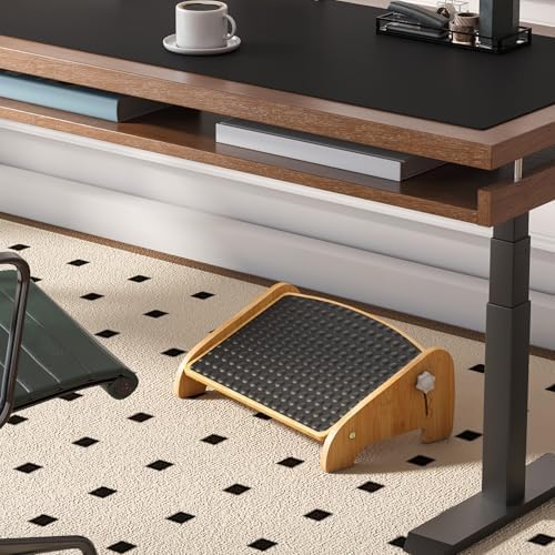 Under Desk Footrest, Foot Rest Under Desk with Side Rotating Button, 4 Adjustable Heights Wooden Office Footrest, Large Anti-Slip Surface, Wide Seat with Soft Bumps, Fit for Office, Living Room